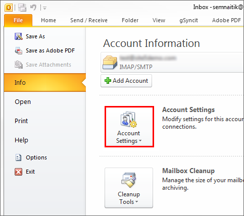 Outlook error resolve in account settings