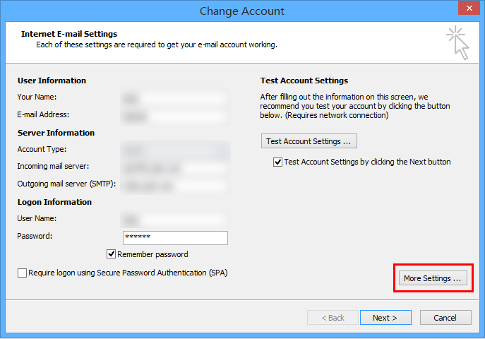 change account settings in outlook