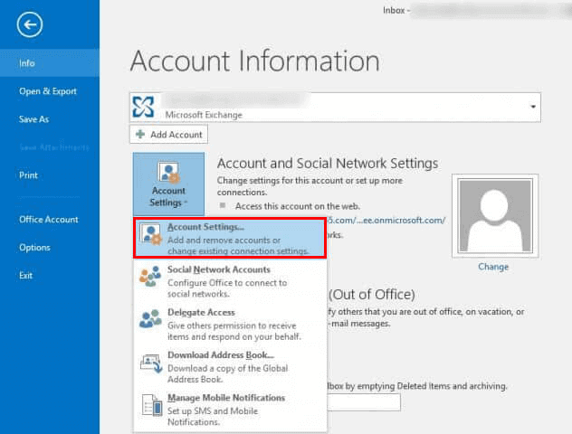 account settings in Outlook