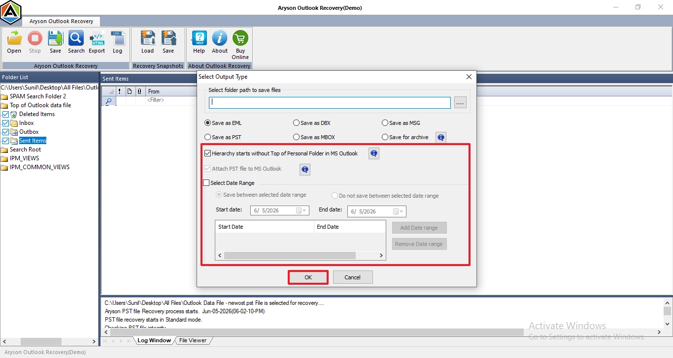 apply the required options and click OK