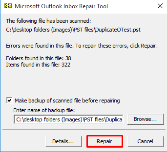 Repair PST file to resolve Outlook closing error