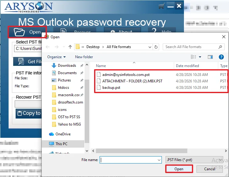 Click on Open and choose the PST file 