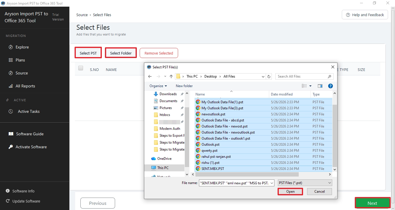 select PST files and click on the Open button