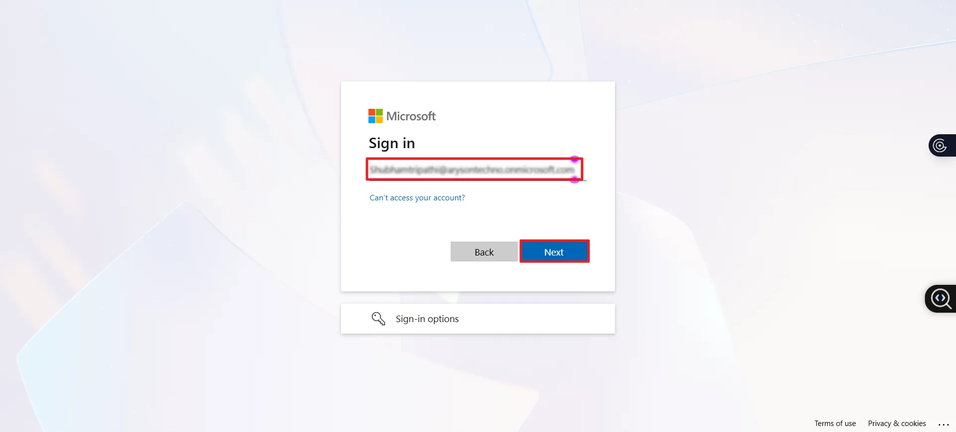 login credentials for the Office 365