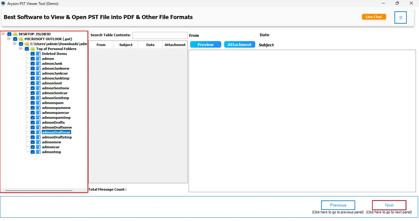 Preview the loaded .pst file