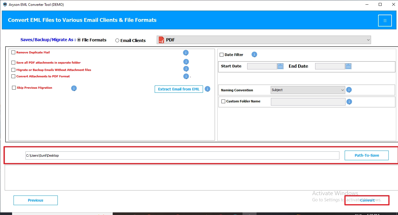 Click on the destination path and then click on Convert 