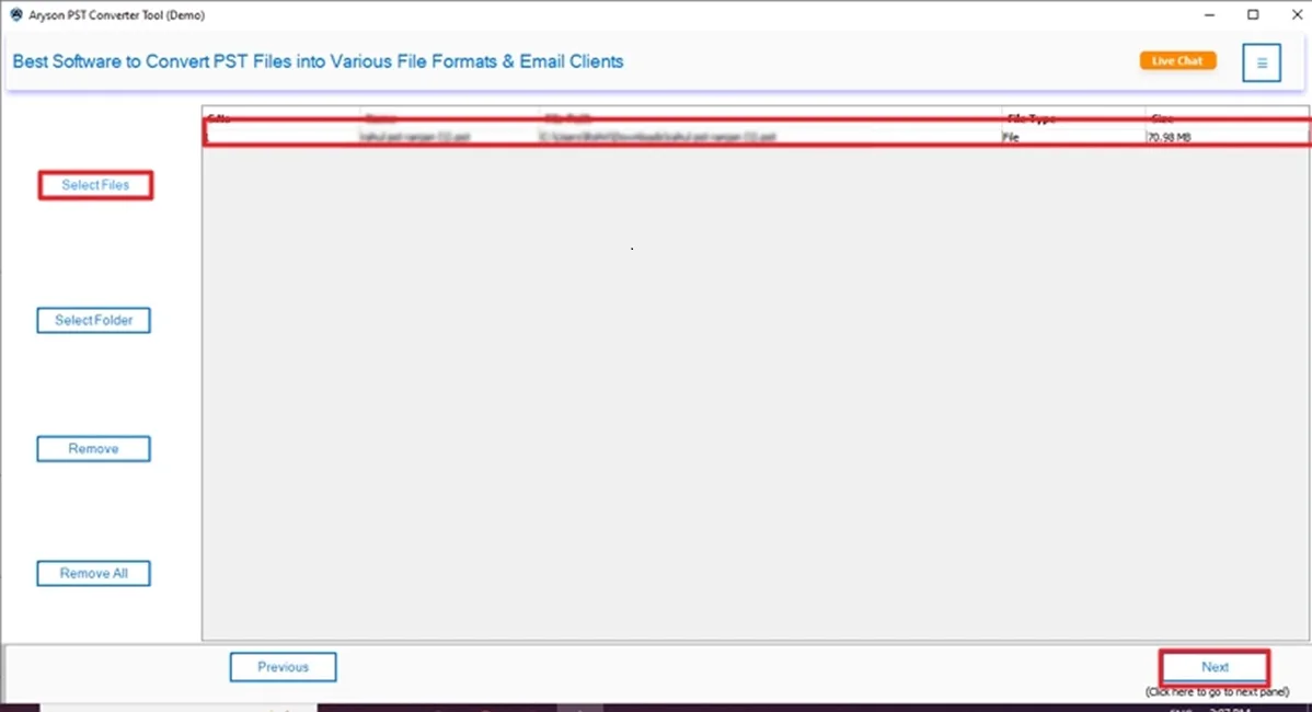 Select Files and browse the PST files. Hit Next.