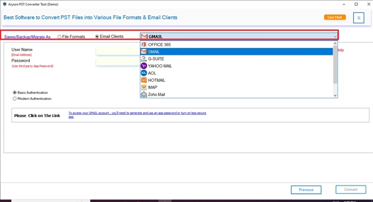 Saving option, choose Gmail