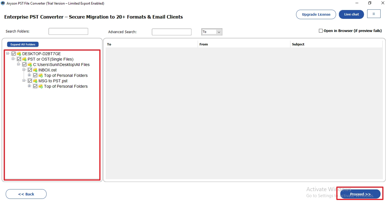 preview the folders and files