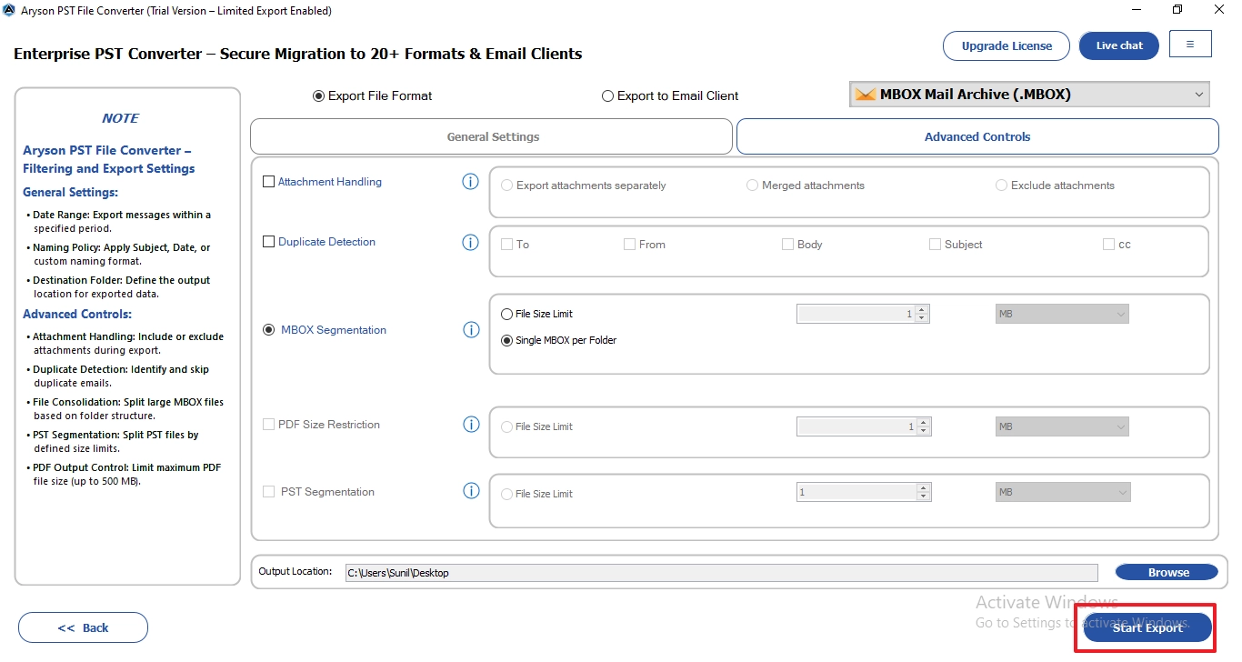 click on Start Export to begin the conversion