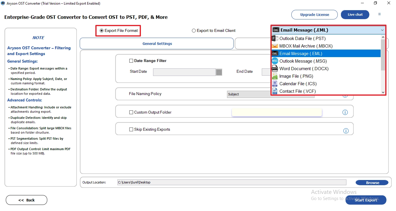 choose EML as a resultant file format