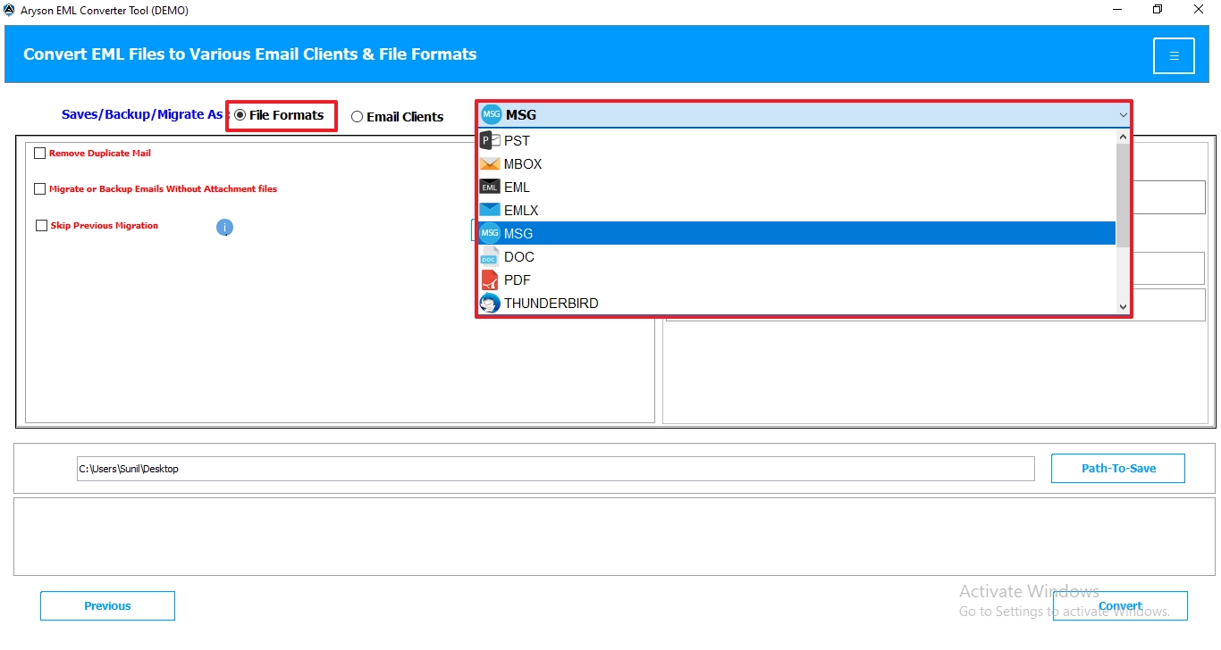 Now, choose the MSG format from the drop-down menu