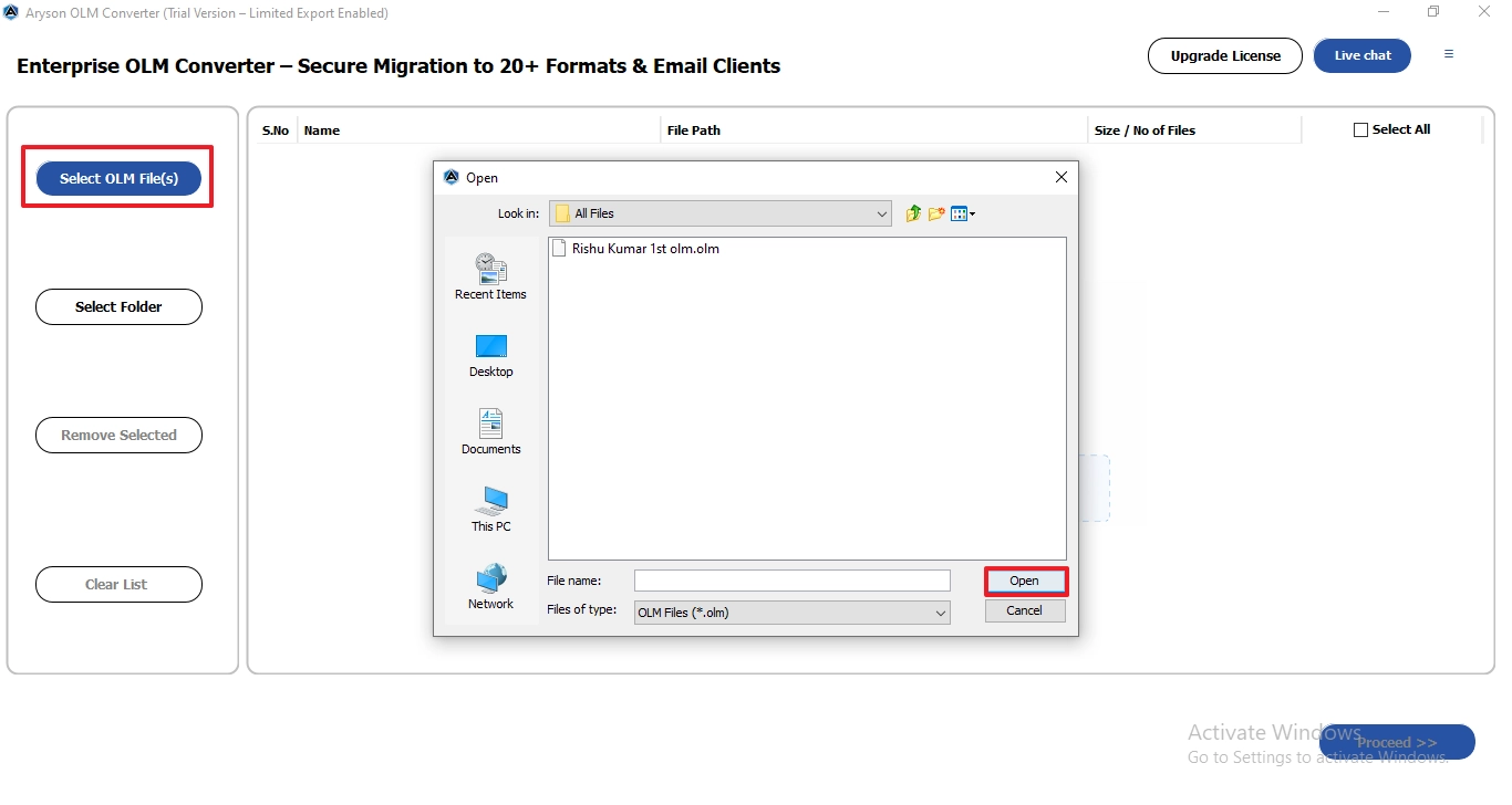 Select files or folder option, browse for OLM files