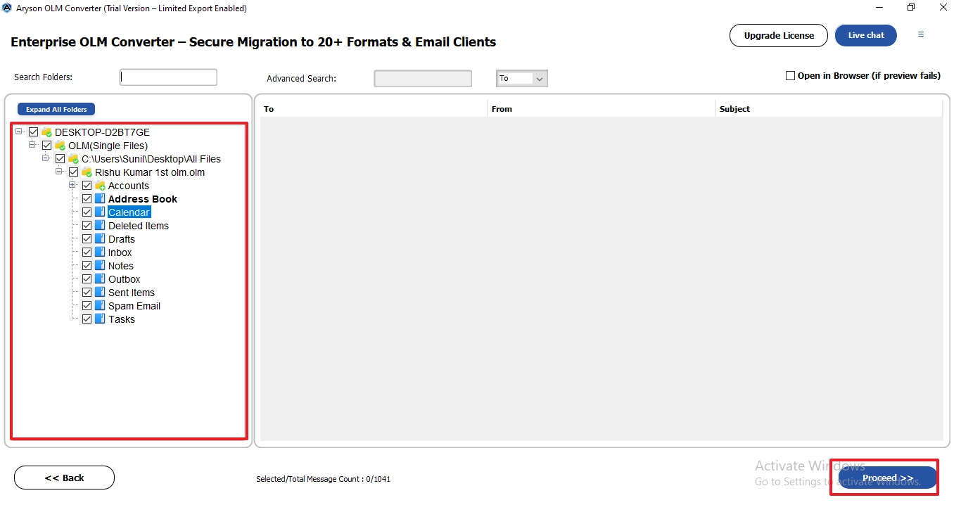 Checkmark to select the data files of an OLM,
