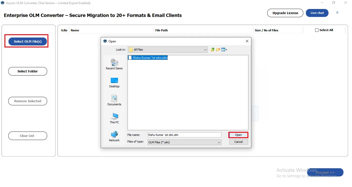 Select File/ Select Folder to add the OLM files