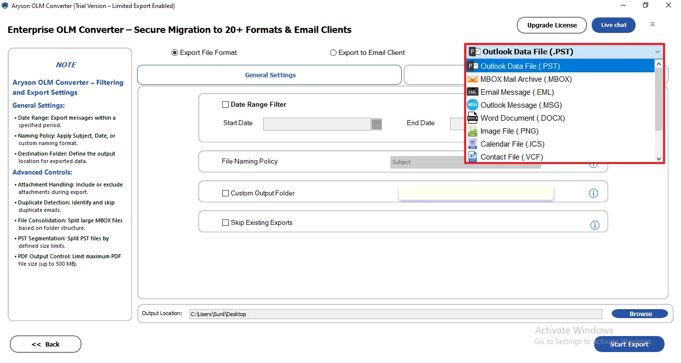 Select the PST as the saving format of the selected OLM data