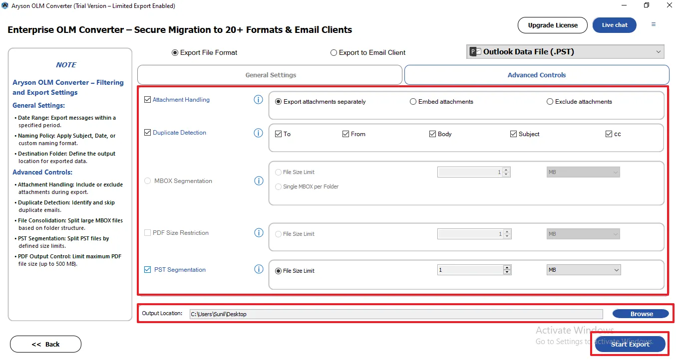 Start Process to migrate Outlook Mac data to PST