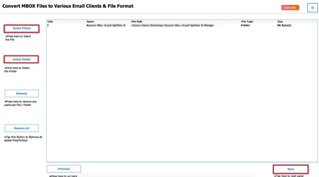 Select Files and browse MBOX files