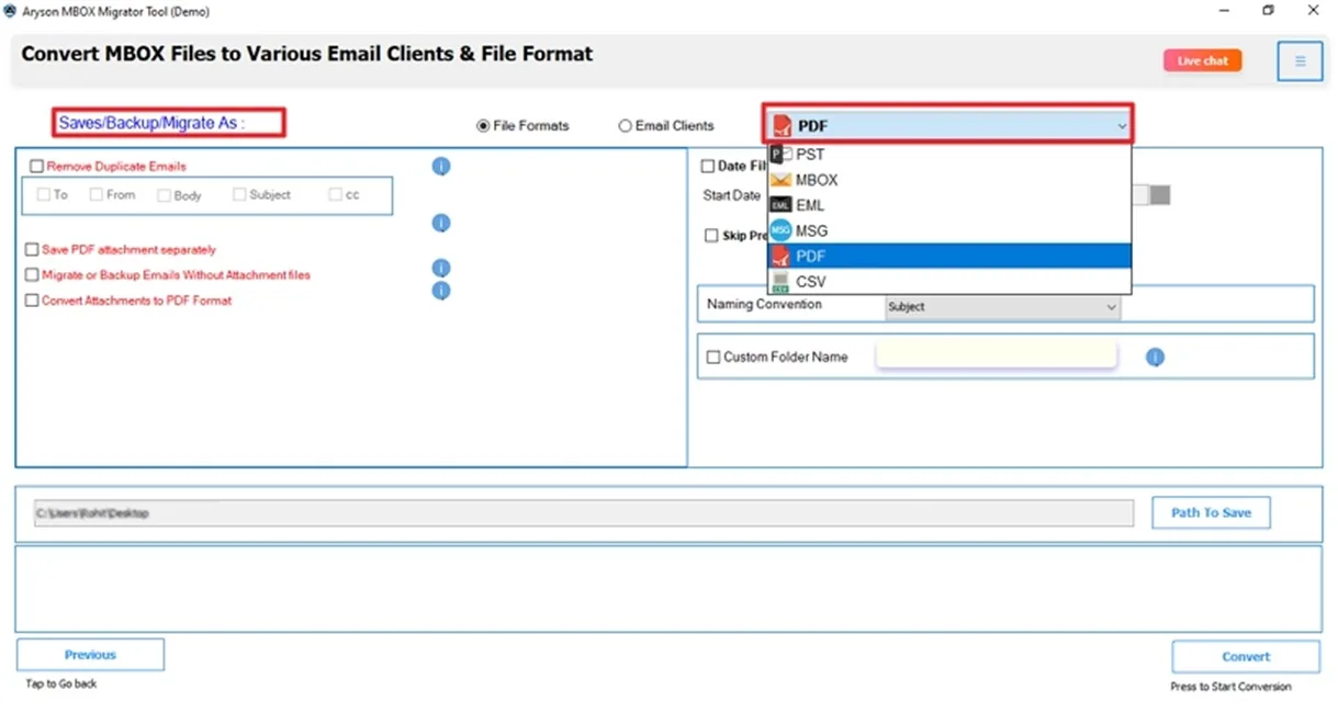Saving option as PDF