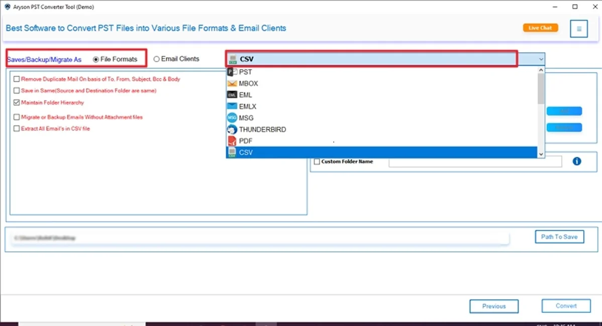 Save in File Format option and pick CSV