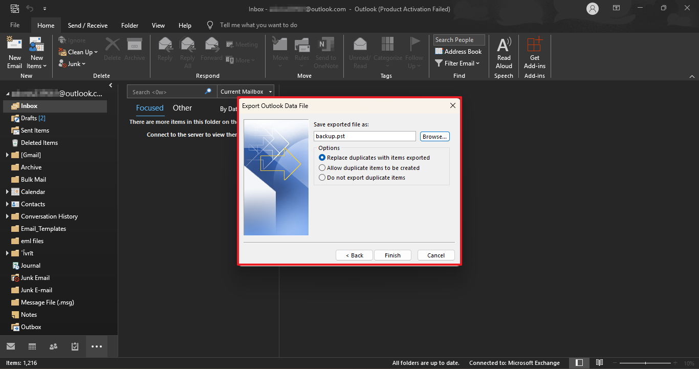 location to save the resultant PST file