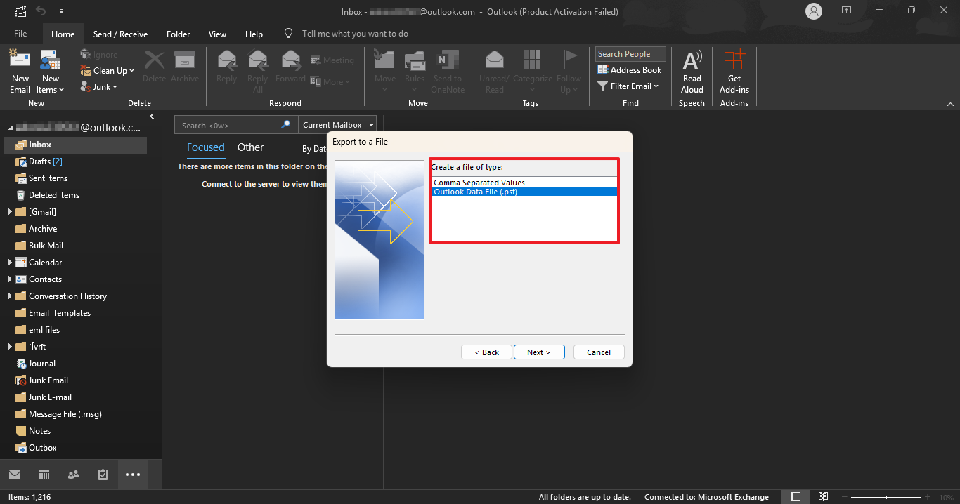 Export to Outlook Data File (.pst)