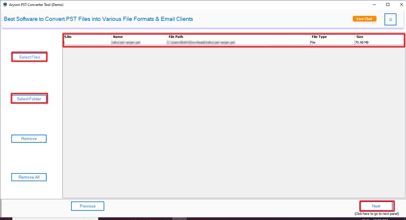 Select Files or Select Folder to Add PST