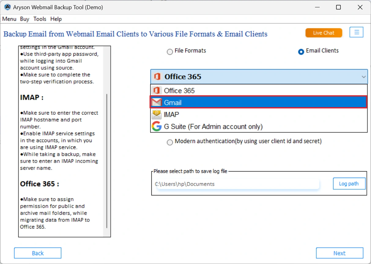 Select the email client as Gmail