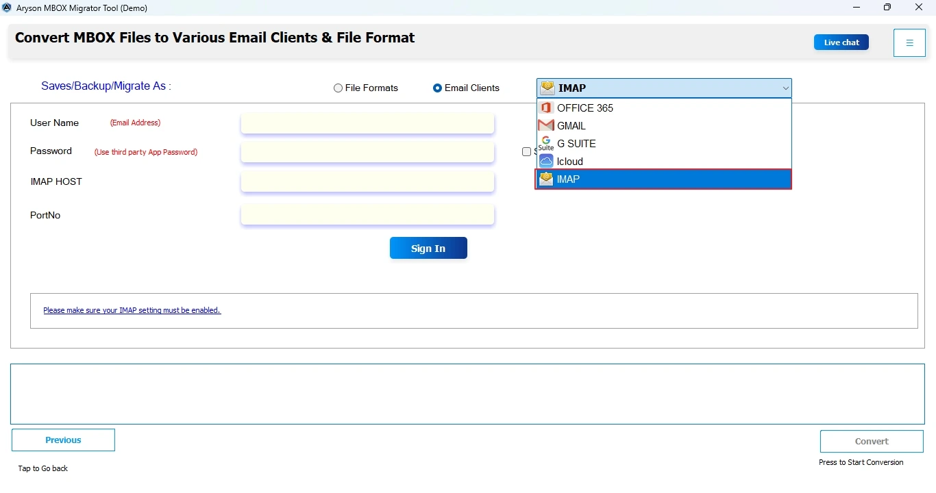 Select the IMAP from menu