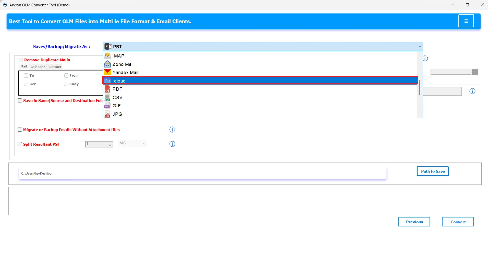 Select iCloud from drop-down option