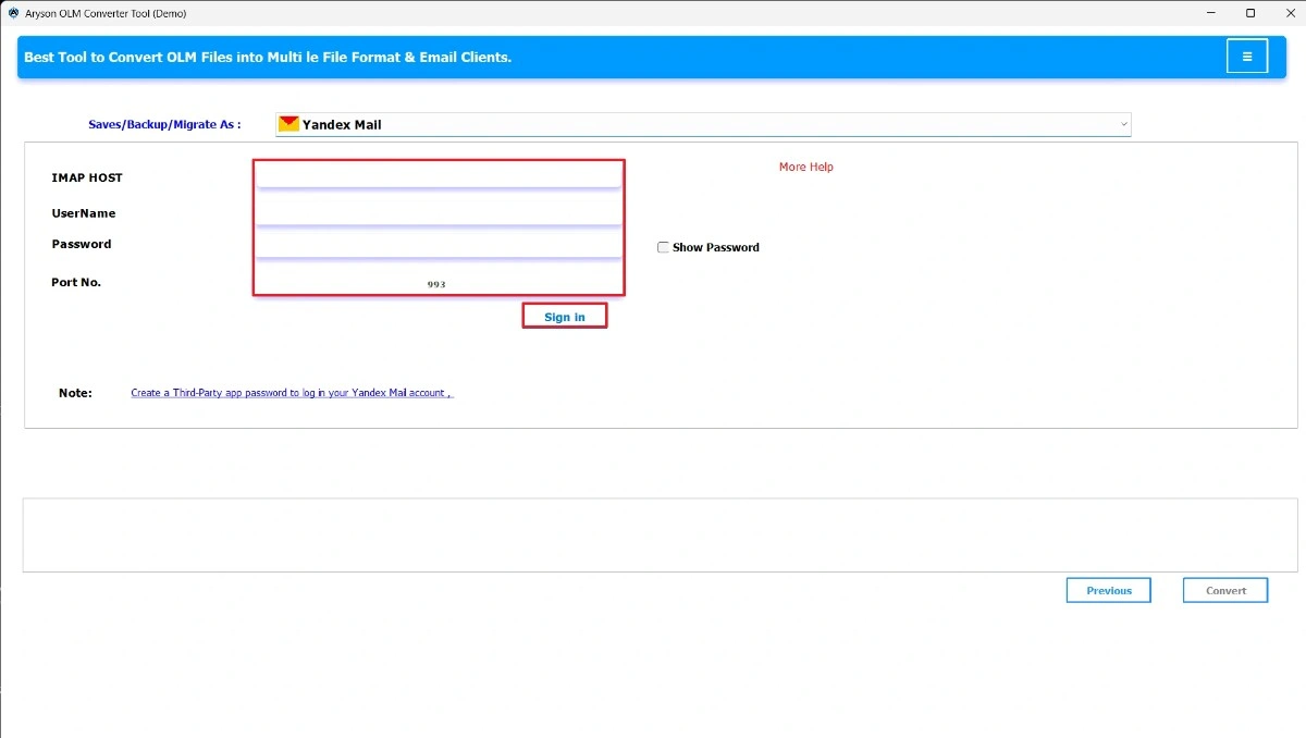 Enter Yandex Mail credential