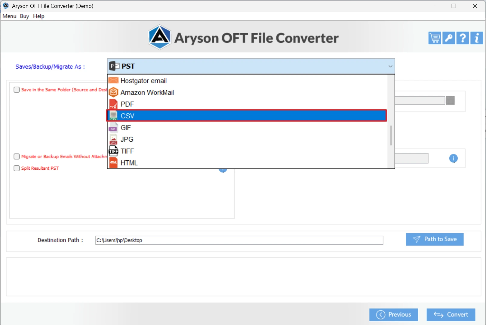 select CSV as the file format