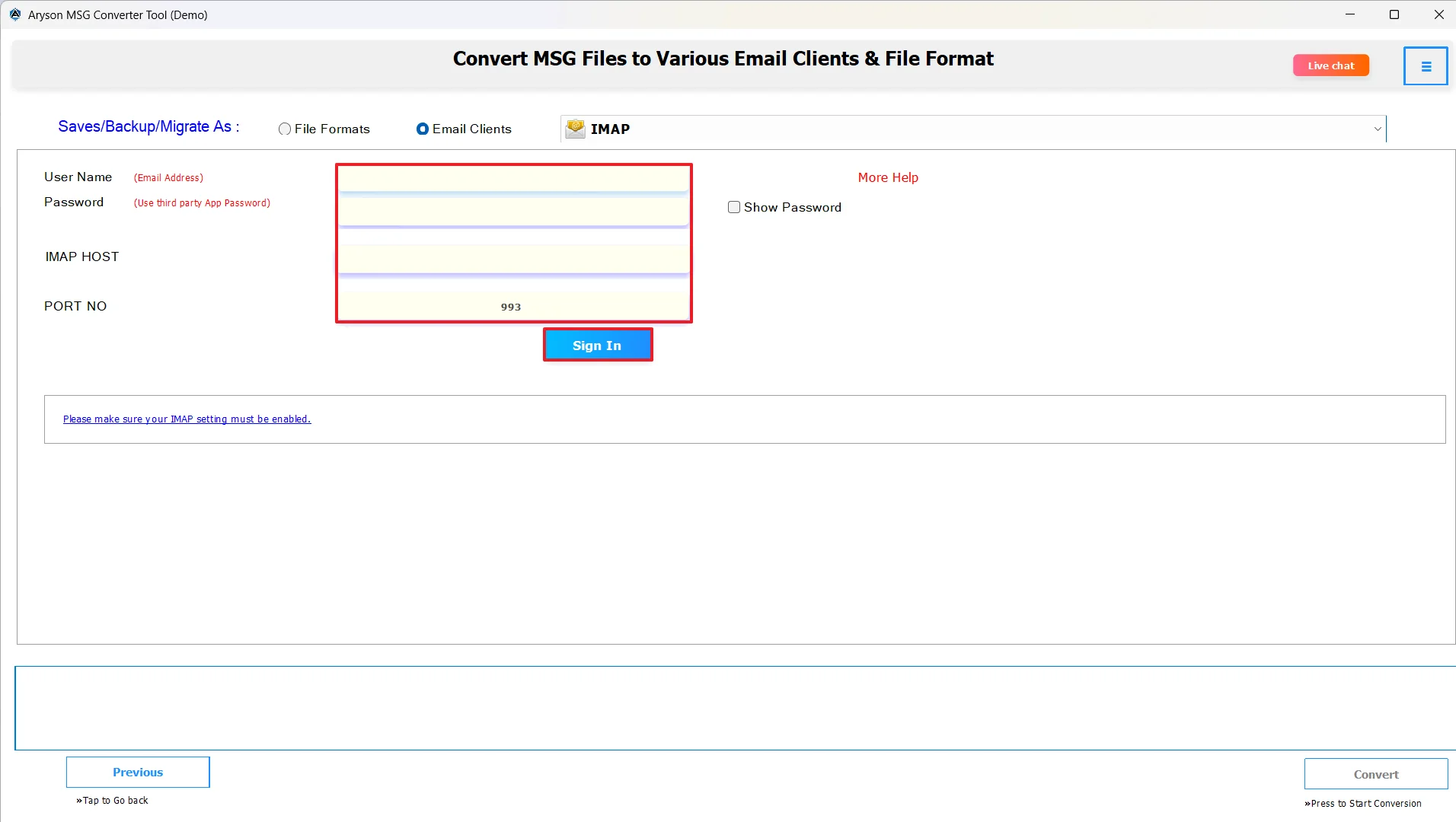 Enter IMAP account credentials