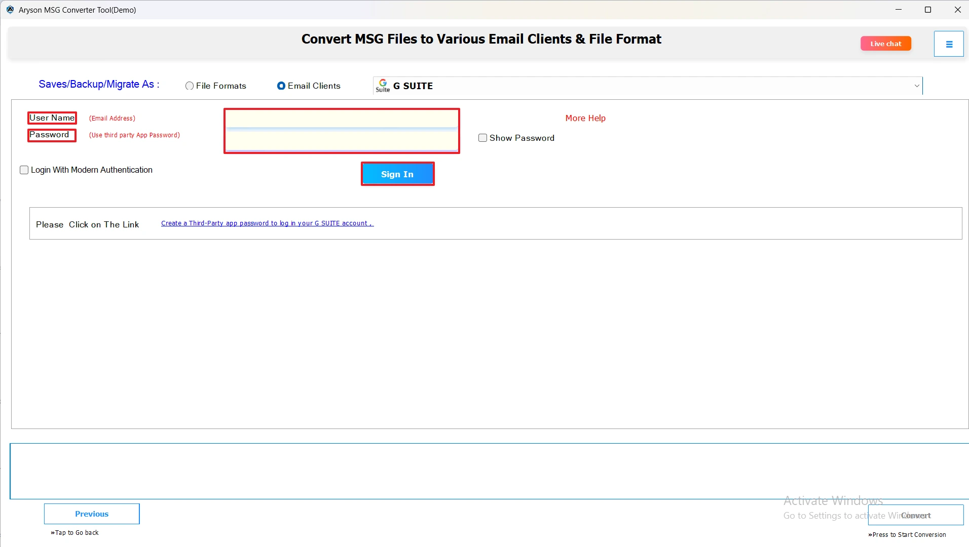 Enter Google Workspace credentials