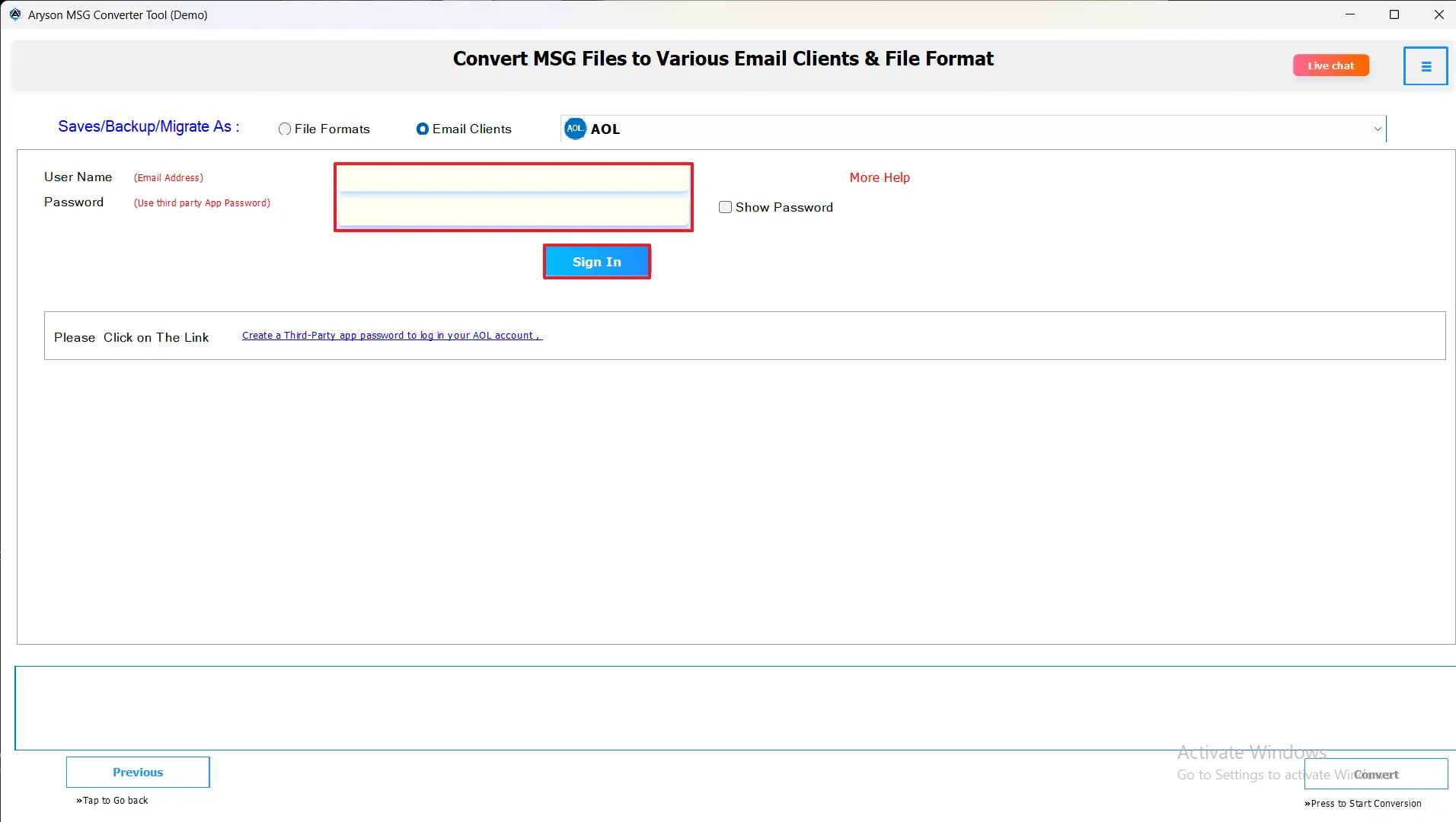 Enter AOL email and password