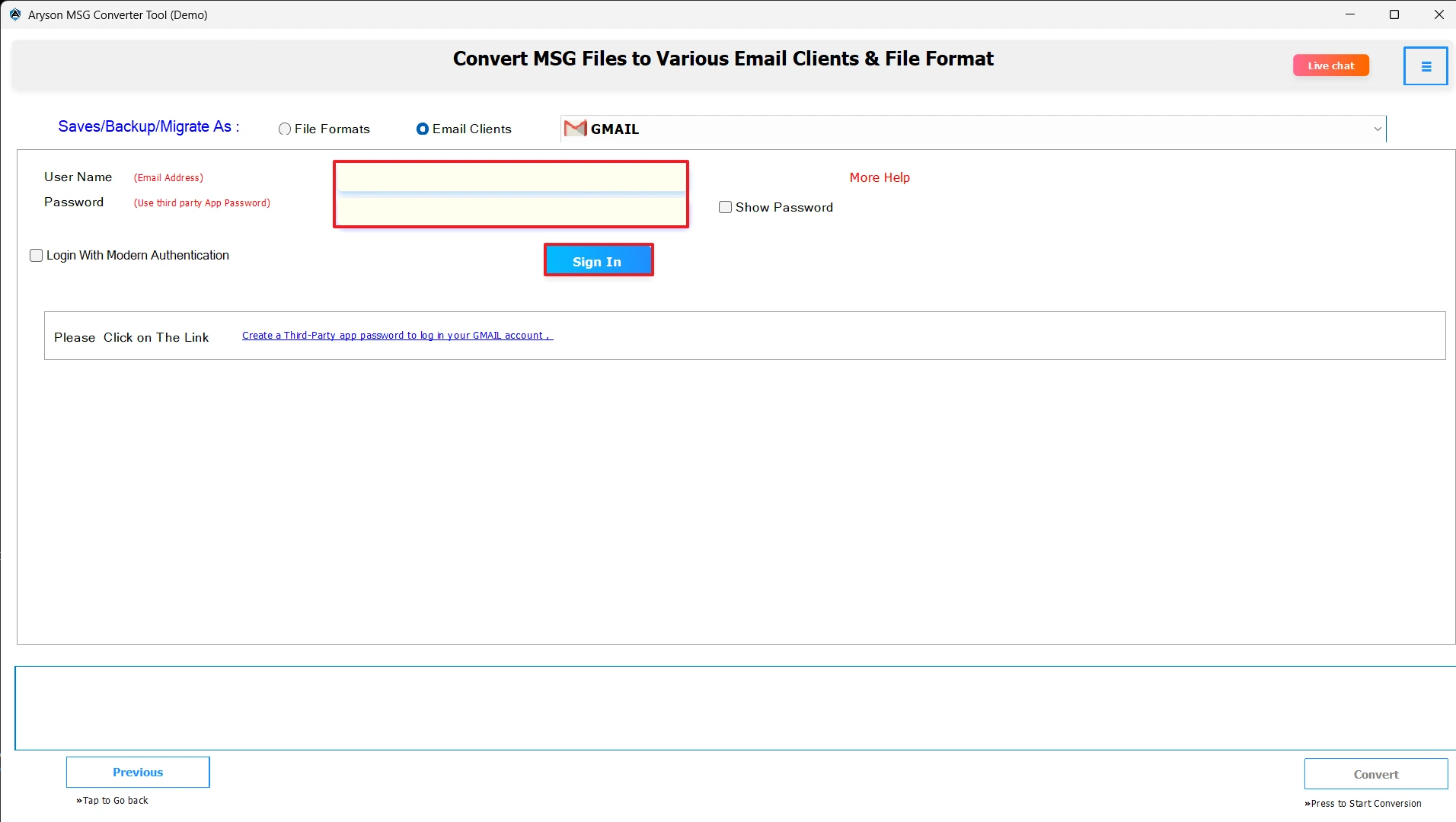 Enter Gmail login credential
