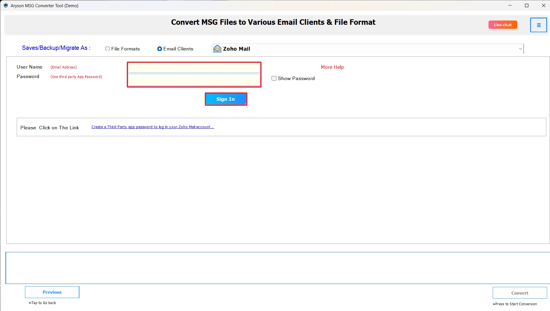 Enter Zoho Mail credentials
