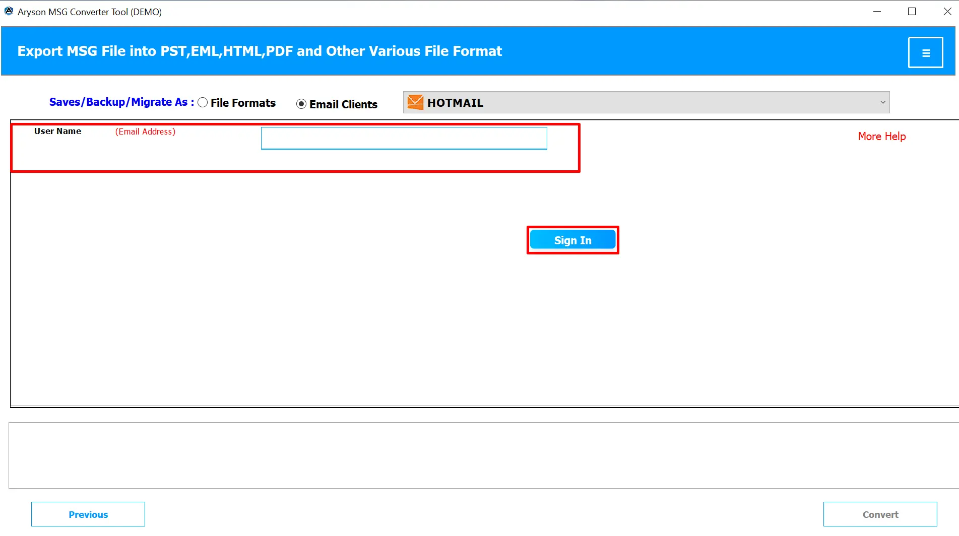 Enter Hotmail credentials