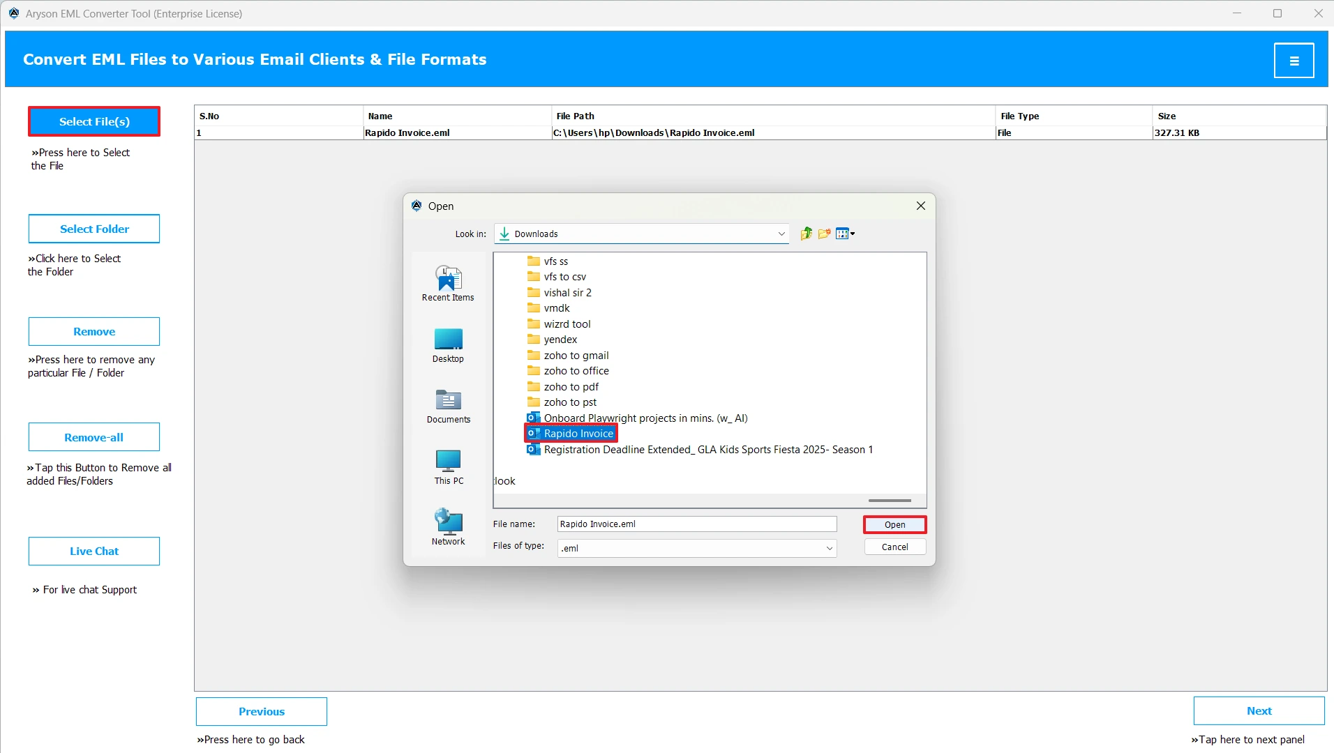 Select Files/Folders option
