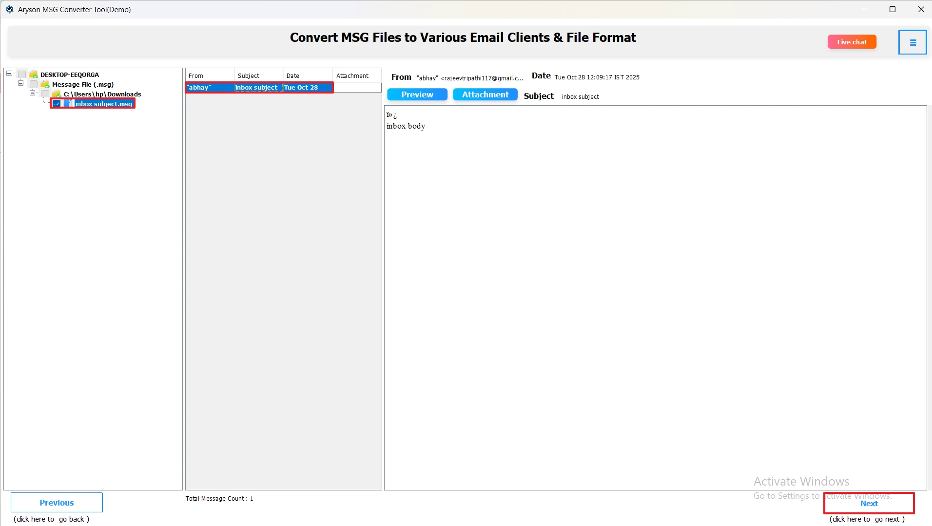 Select MSG files and preview
