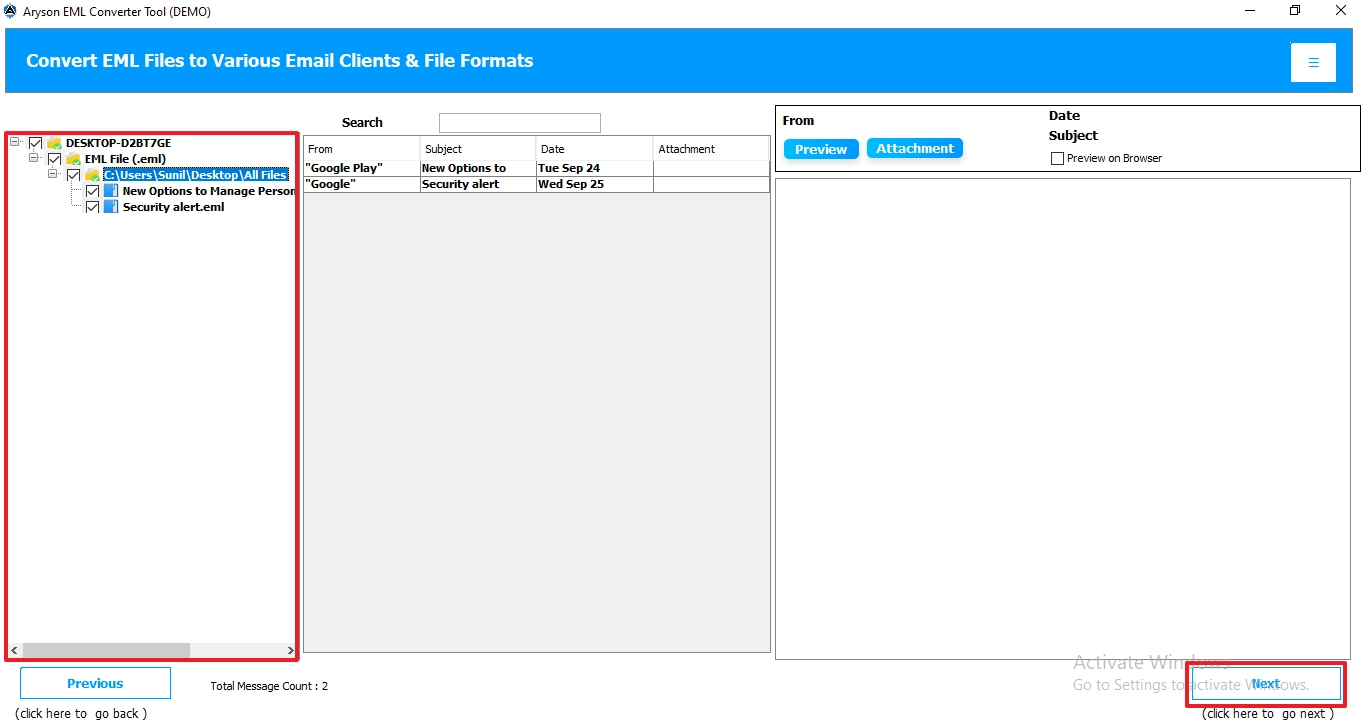 select the specific EML files
