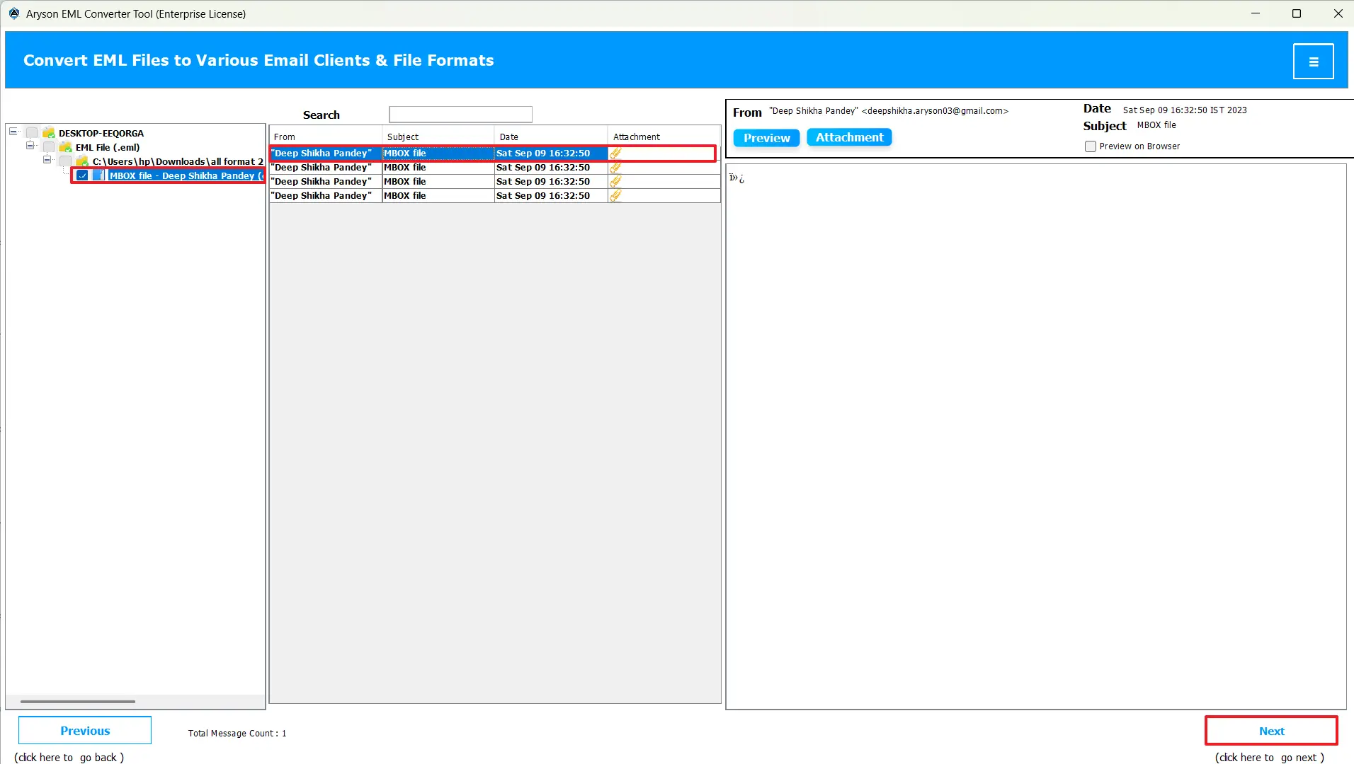 Preview the selected data