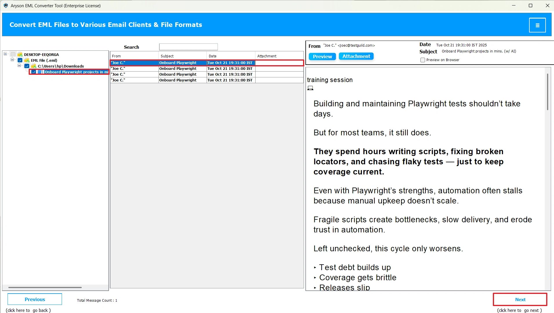 Select EML file and preview