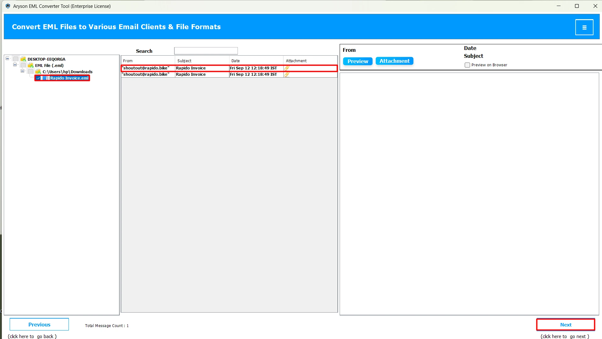 Select EML file and preview