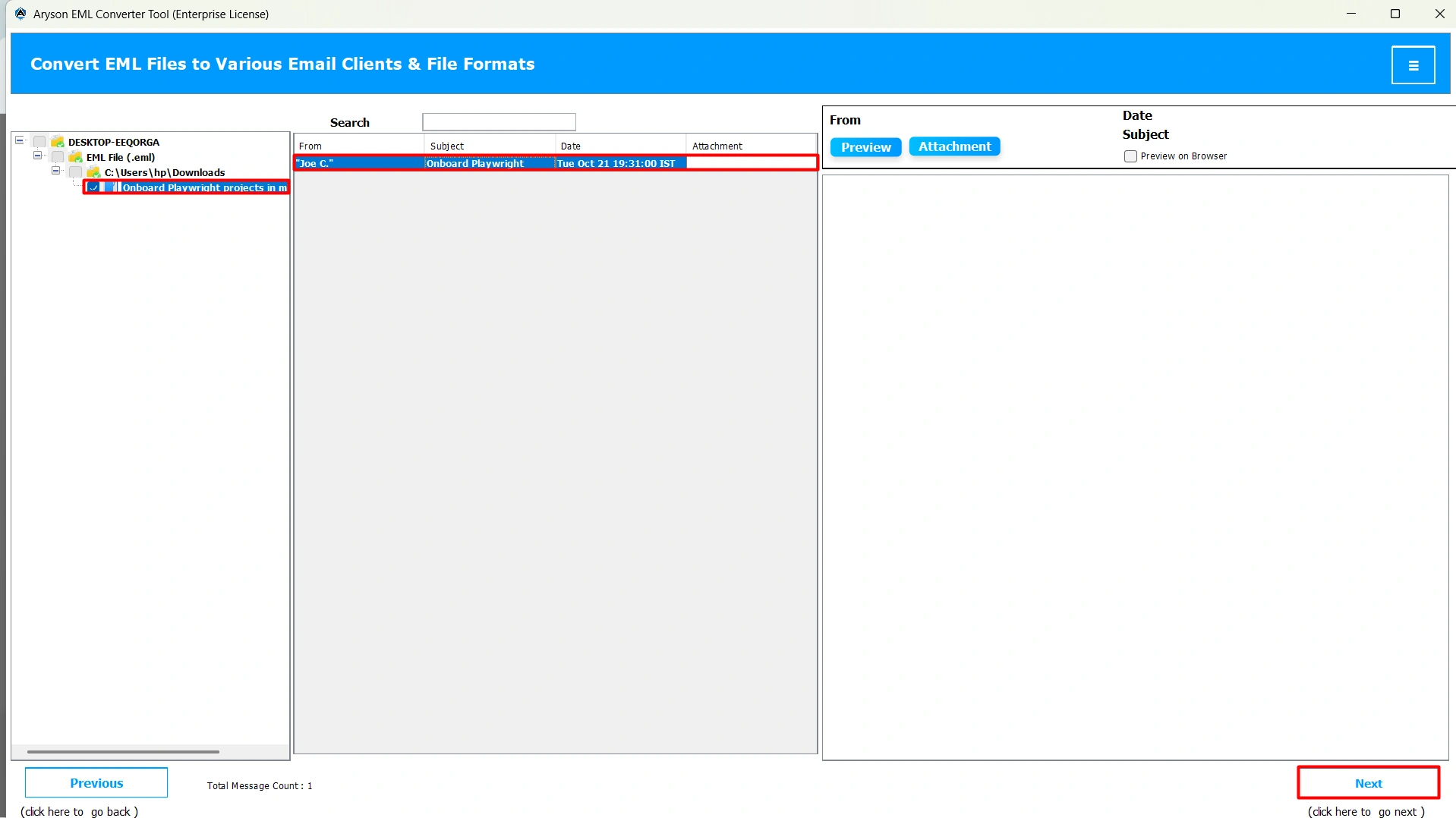 Select EML file and preview