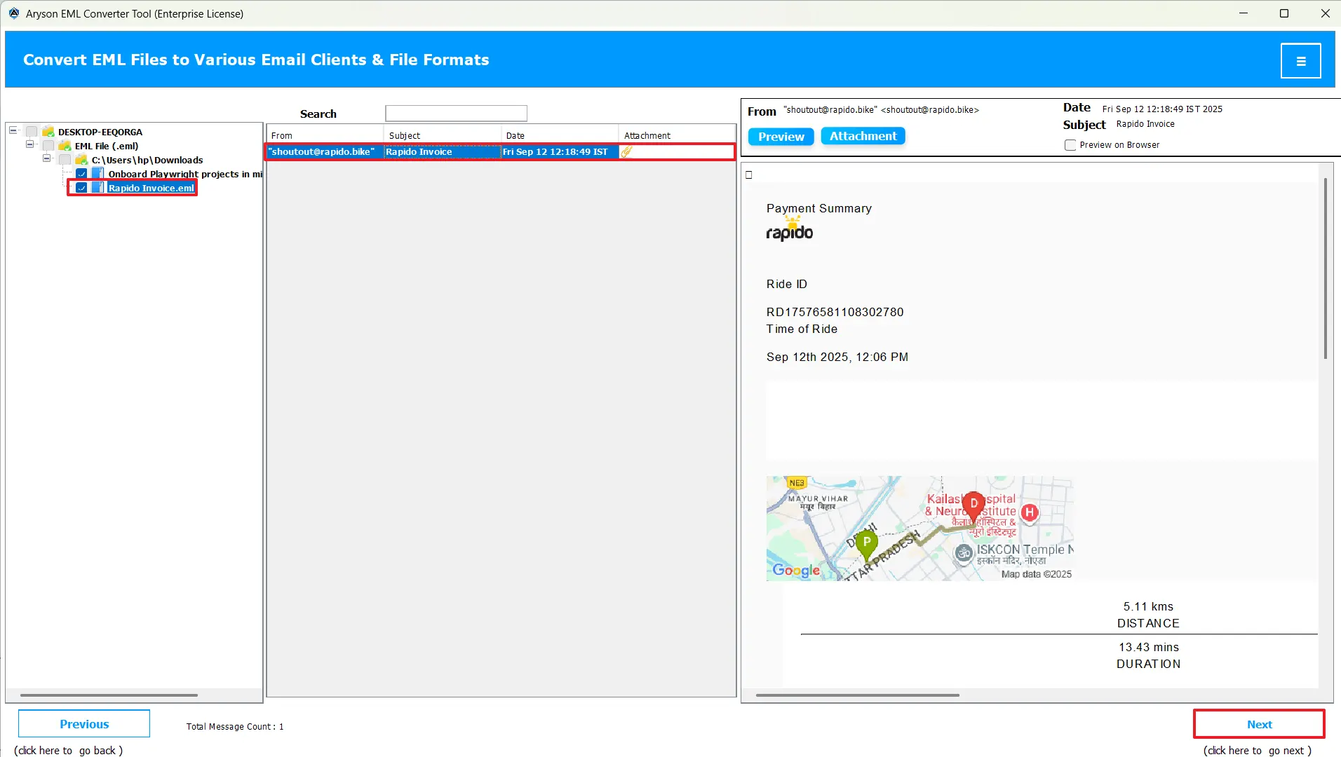 choose EML file >> preview