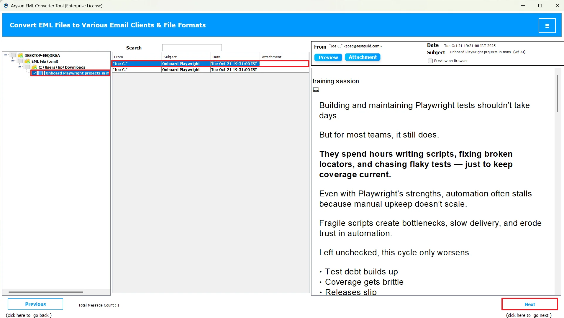 Select EML file >>Preview