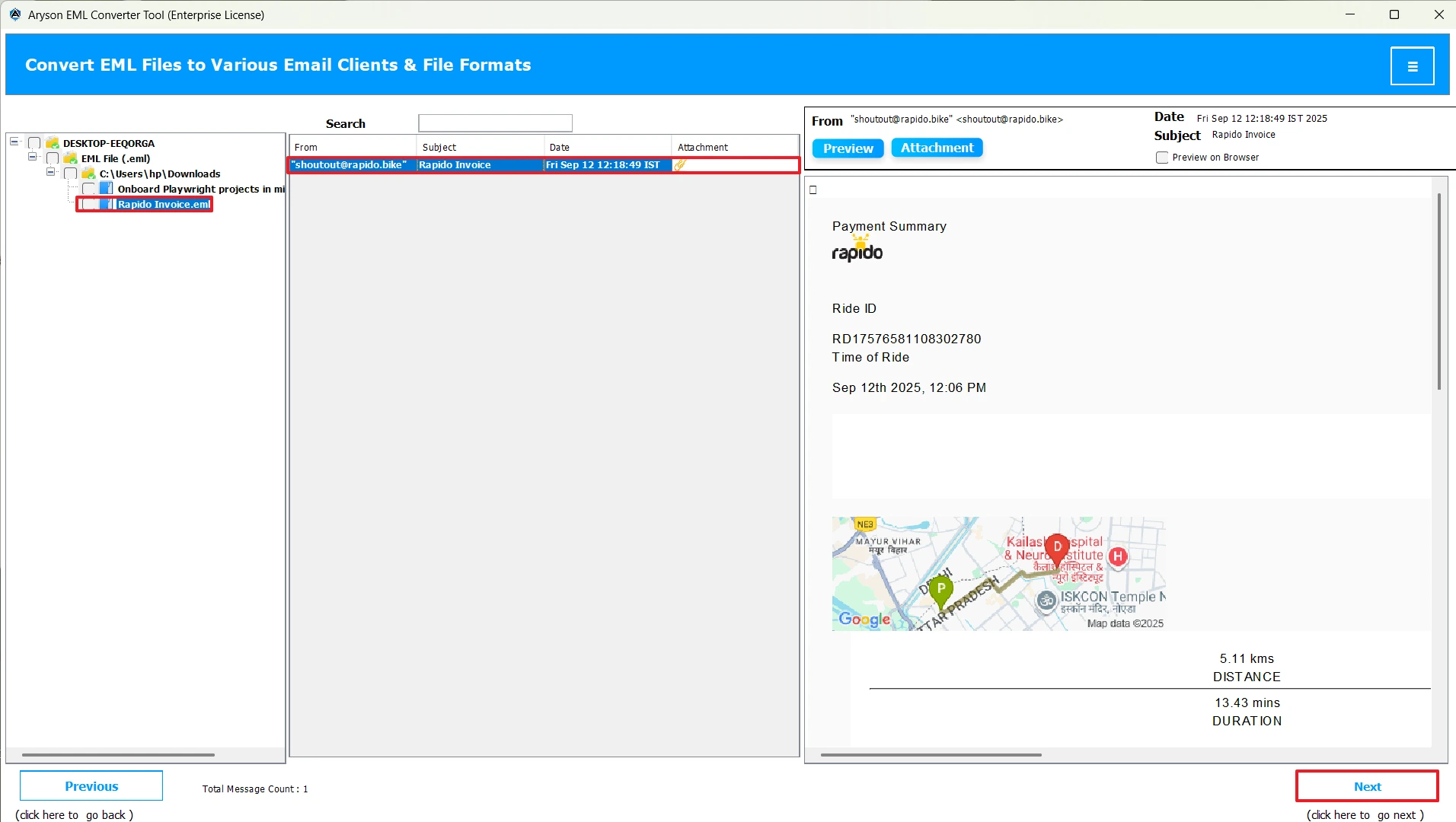 Select EML file then preview