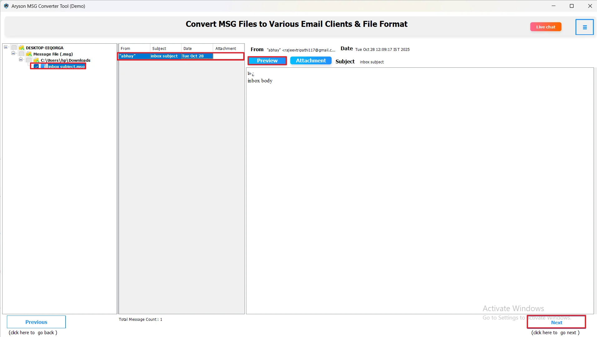 Preview emails and attachments
