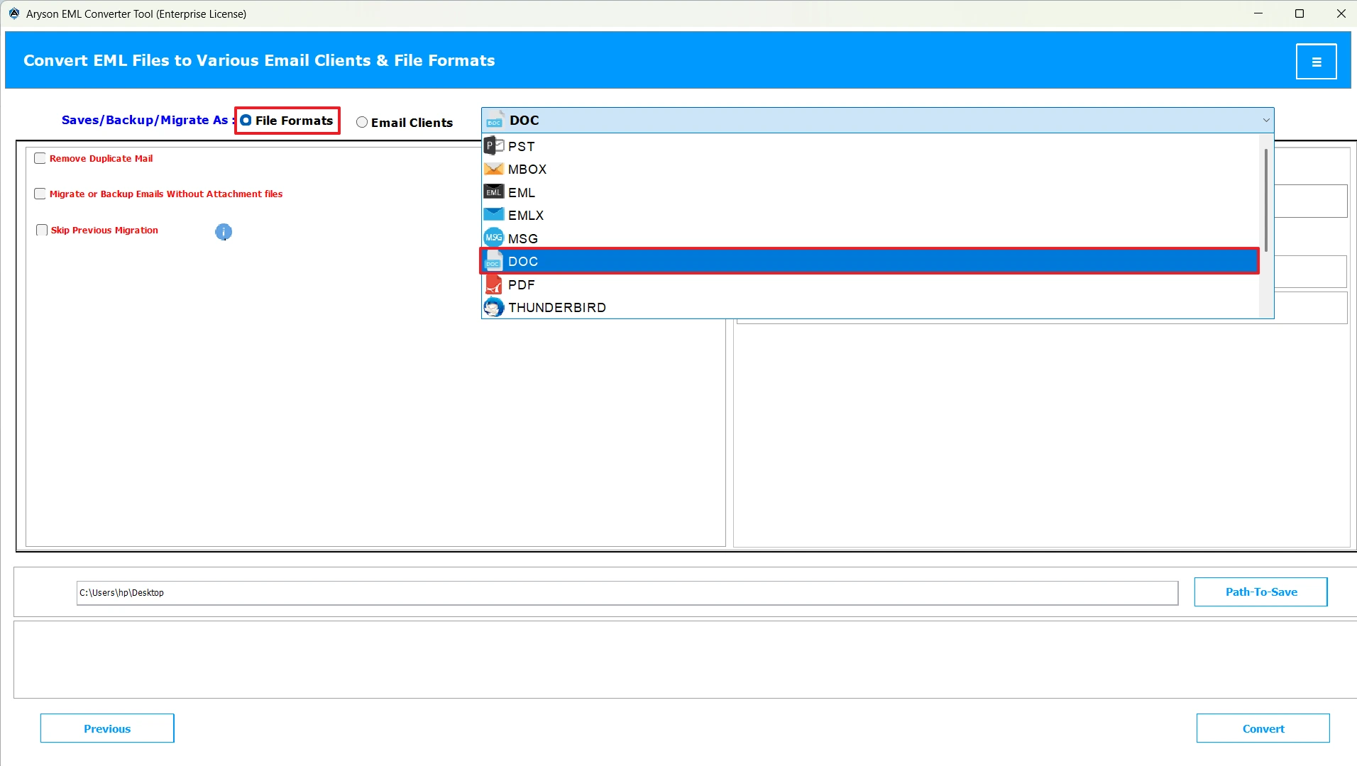 Select DOC format